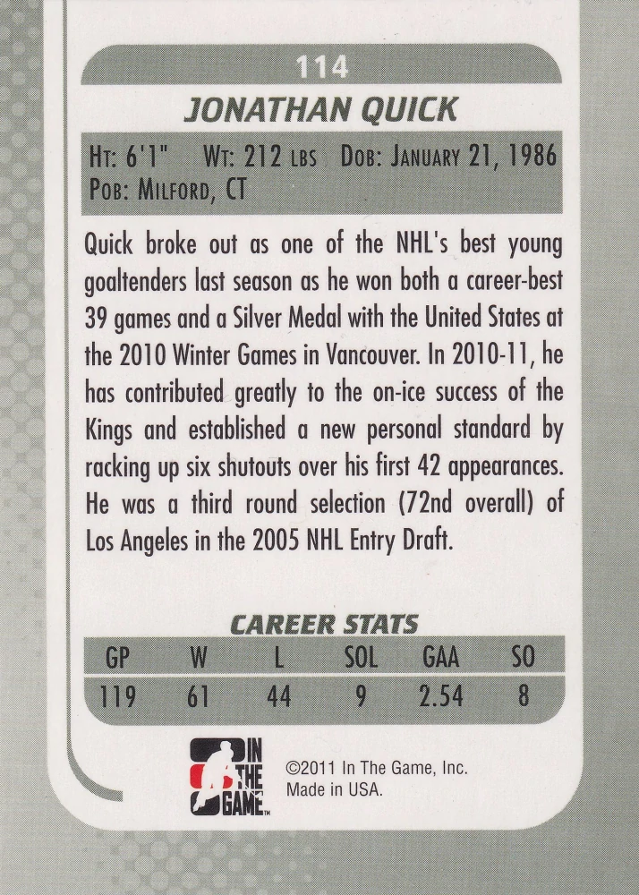 2010-11 ItG Between The Pipes - Jonathan Quick - Stars Of The Game #114