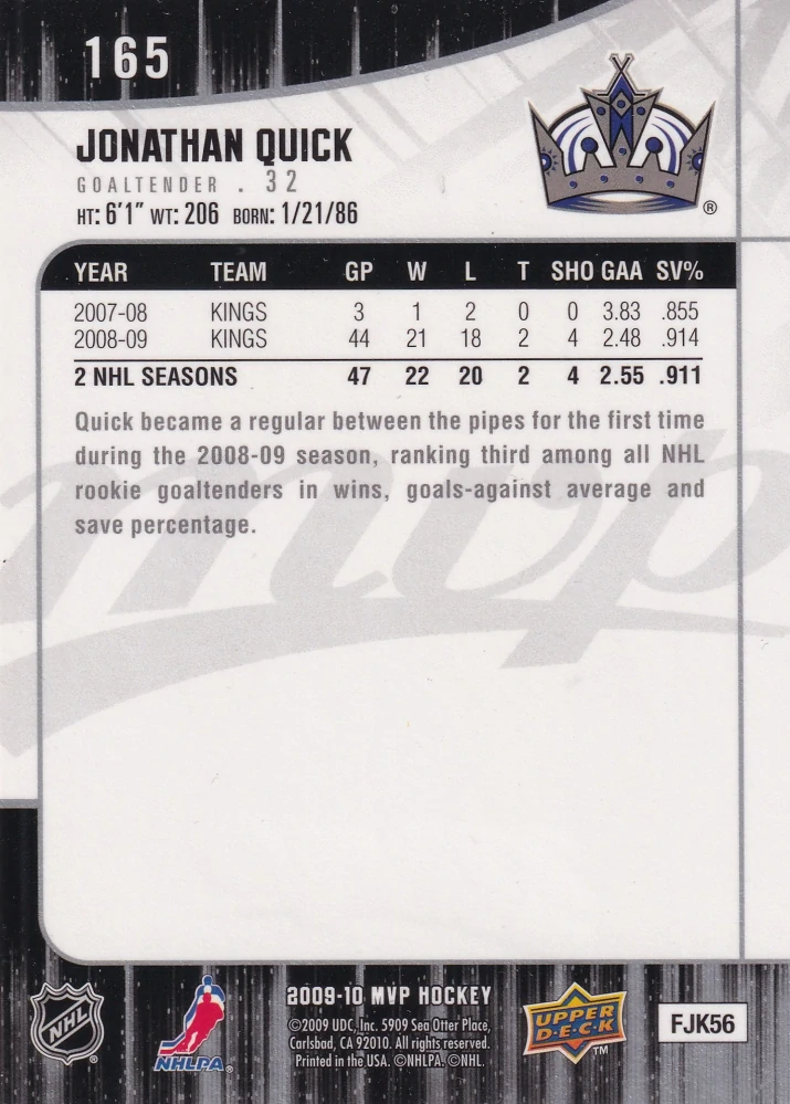 2009-10 UD MVP - Jonathan Quick #165