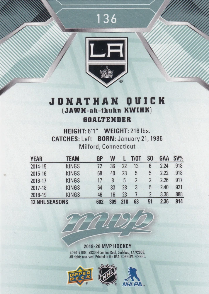 2019-20 UD MVP - Jonathan Quick #136