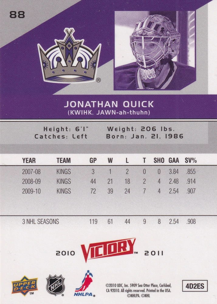 2010-11 UD Victory - Jonathan Quick #88