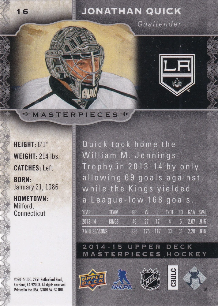 2014-15 UD Masterpieces - Jonathan Quick #16