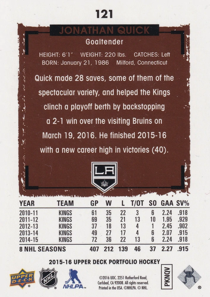 2015-16 UD Portfolio - Jonathan Quick #121