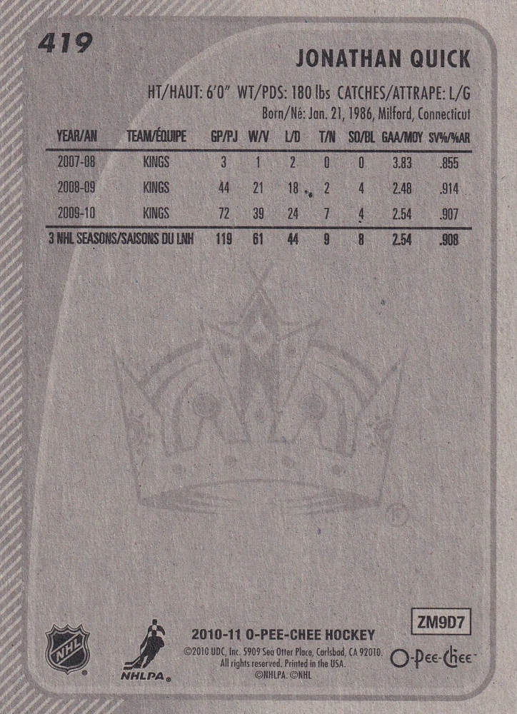2010-11 UD O-Pee-Chee - Jonathan Quick #419