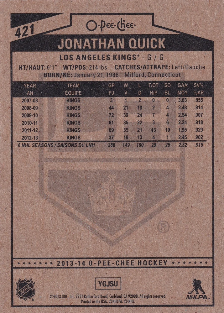 2013-14 UD O-Pee-Chee - Jonathan Quick #421