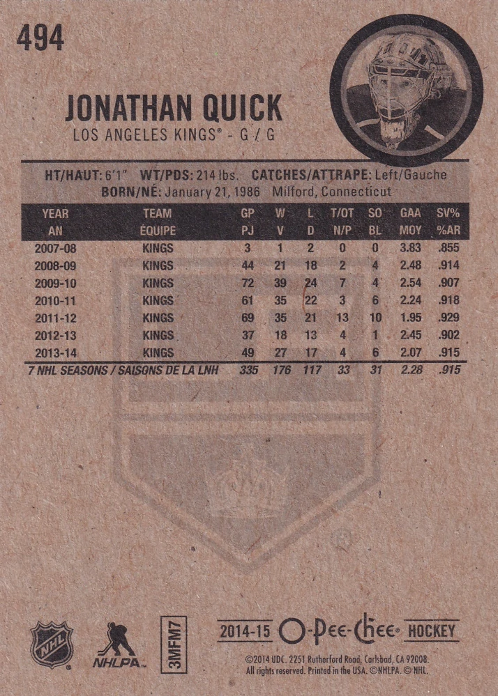 2014-15 UD O-Pee-Chee - Jonathan Quick #494