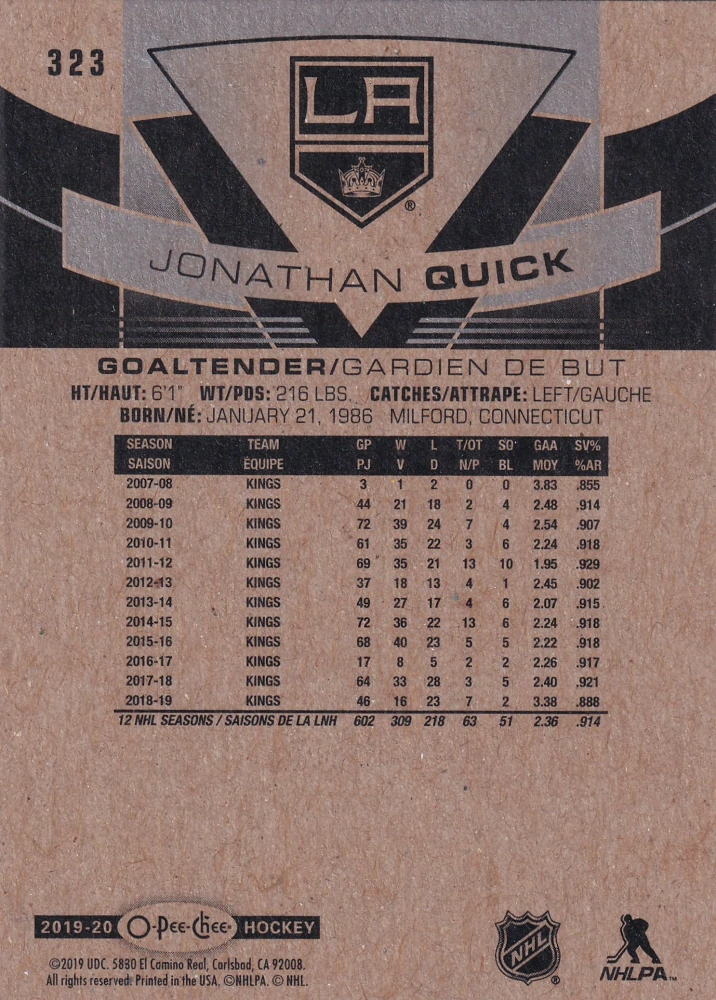 2019-20 UD O-Pee-Chee - Jonathan Quick #323