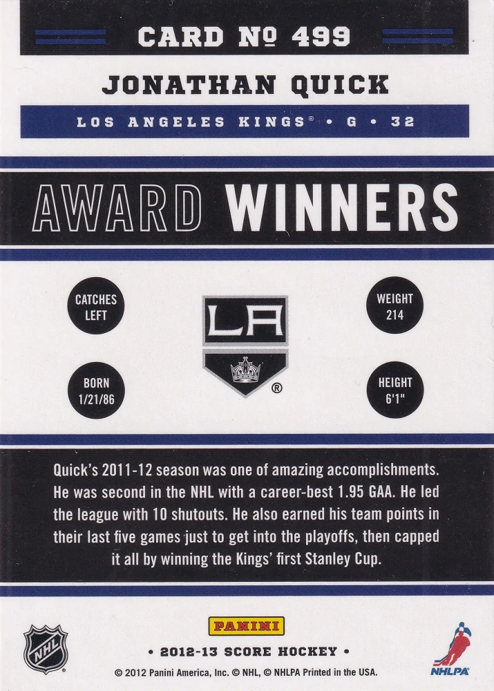 2012-13 Score - Jonathan Quick - Award Winners #499