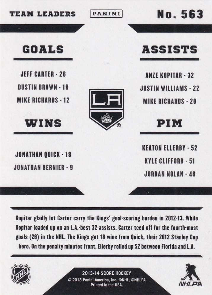 2013-14 Score - Jeff Carter, Anze Kopitar, Jonathan Quick, Keaton Ellerby - Team Leaders Gold #563 #219