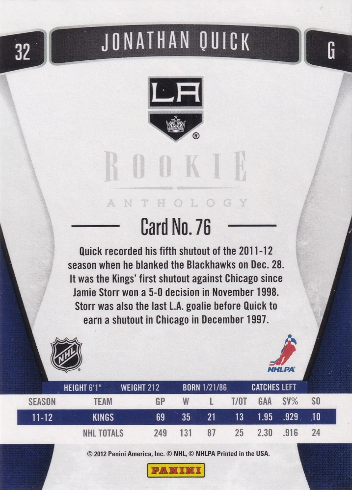 2011-12 Panini Rookie Anthology - Jonathan Quick #32