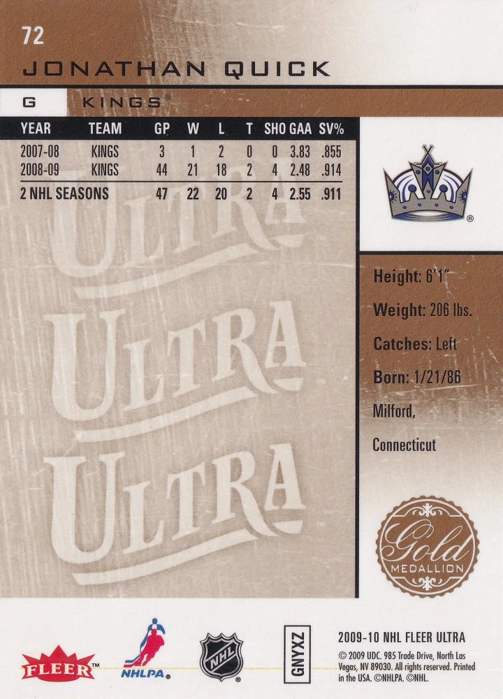 2009-10 Fleer Ultra - Jonathan Quick - Gold Medallion #72