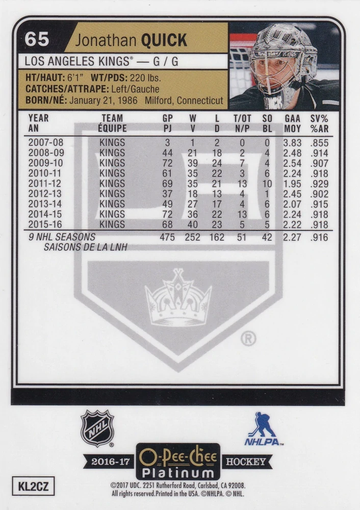 2016-17 UD O-Pee-Chee Platinum - Jonathan Quick #65