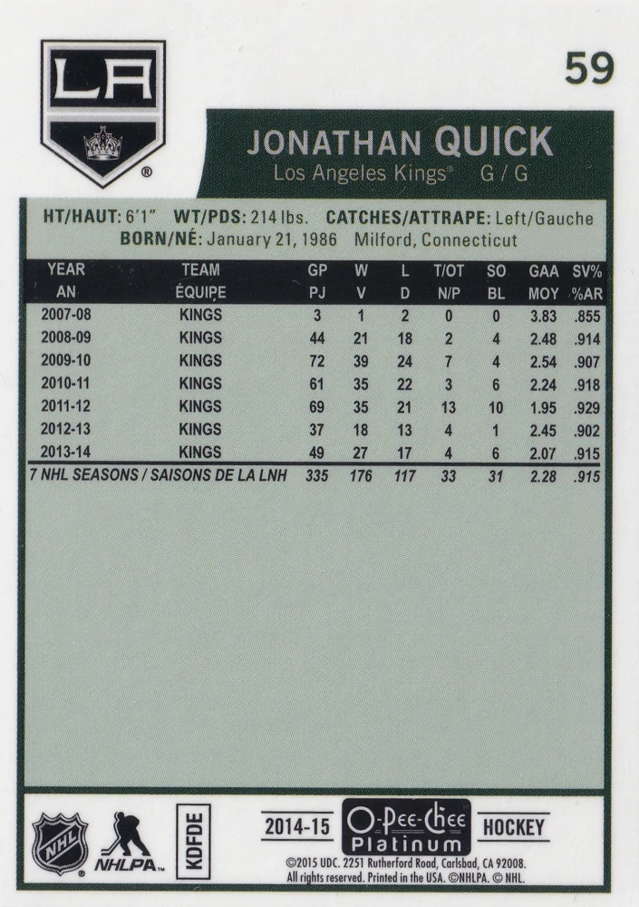2014-15 UD O-Pee-Chee Platinum - Jonathan Quick - Retro #59