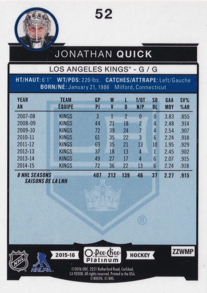 2015-16 UD O-Pee-Chee Platinum - Jonathan Quick #52
