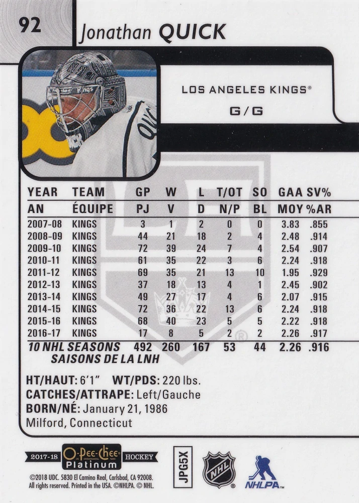 2017-18 UD O-Pee-Chee Platinum - Jonathan Quick #92