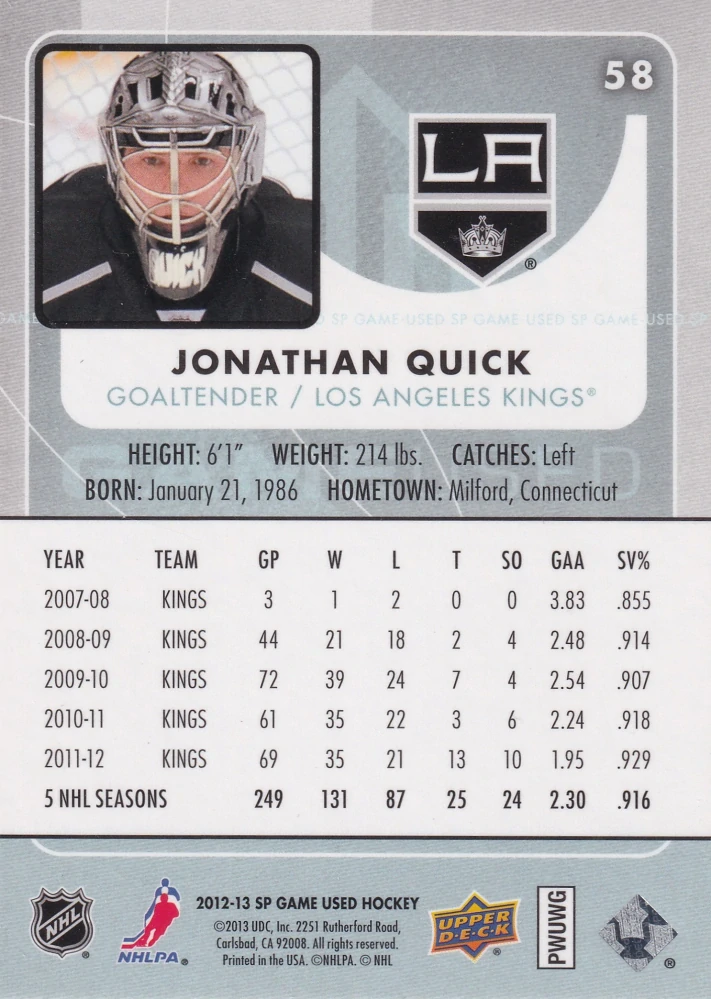 2012-13 UD SP Game Used - Jonathan Quick #58