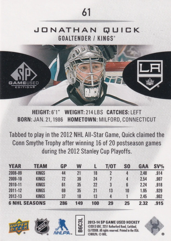 2013-14 UD SP Game Used - Jonathan Quick #61