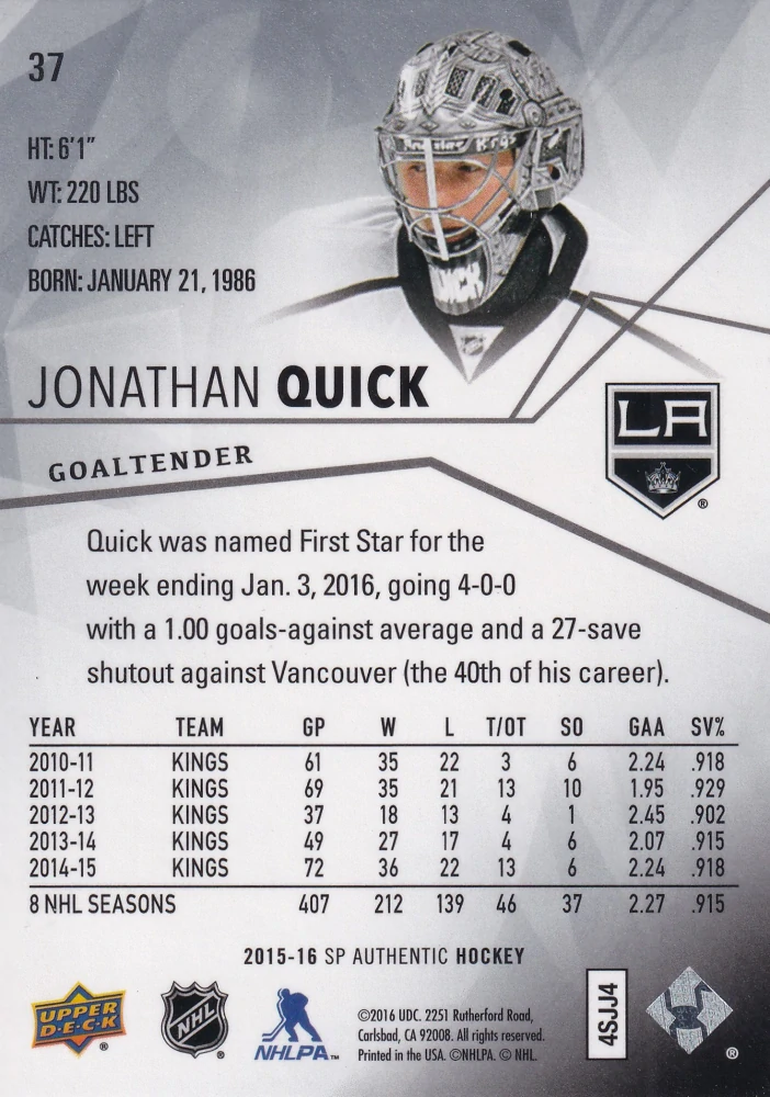 2015-16 UD SP Authentic - Jonathan Quick #37