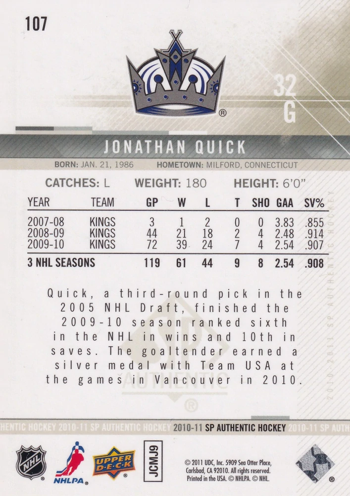 2010-11 UD SP Authentic - Jonathan Quick #107