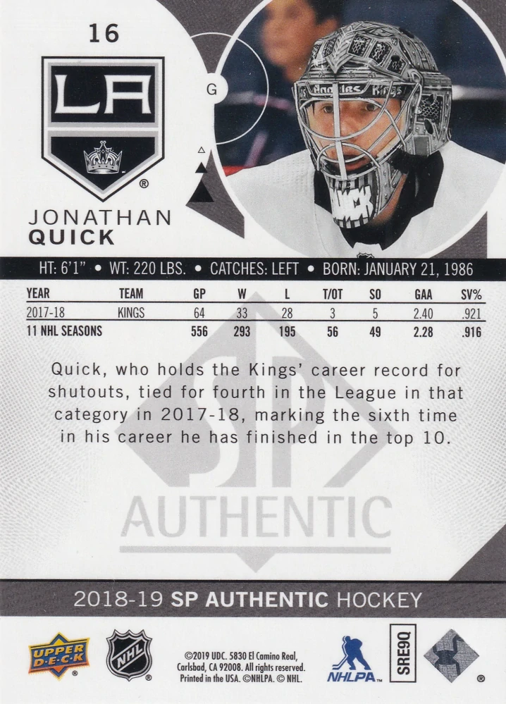 2018-19 UD SP Authentic - Jonathan Quick #16