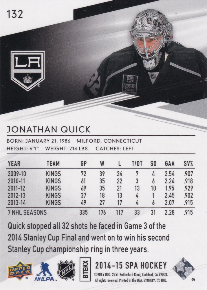 2014-15 UD SP Authentic - Jonathan Quick #132