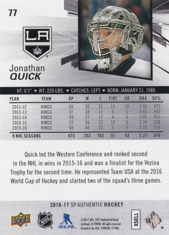 2016-17 UD SP Authentic - Jonathan Quick #77