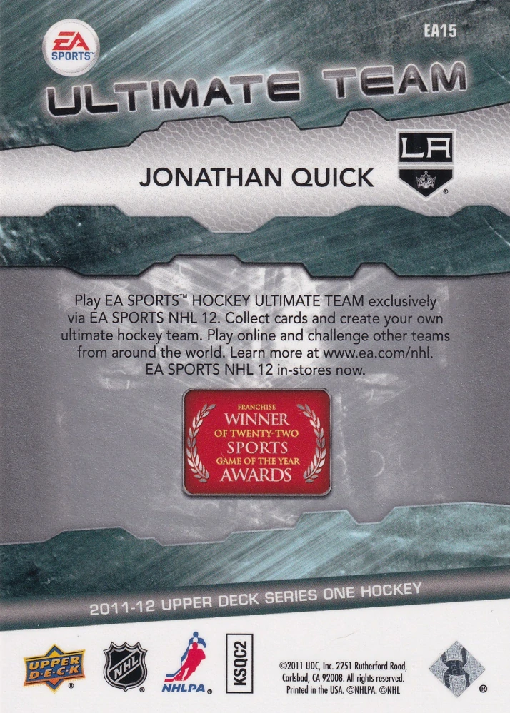 2011-12 UD Series 1 - Jonathan Quick - EA Ultimate Team #EA15