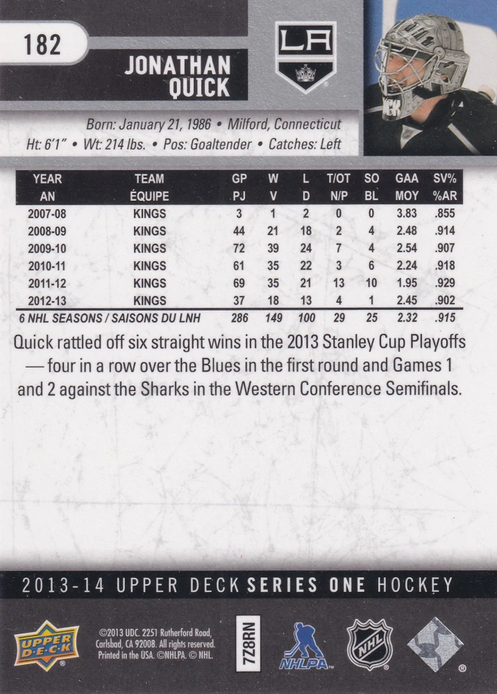 2013-14 UD Series 1 - Jonathan Quick #182