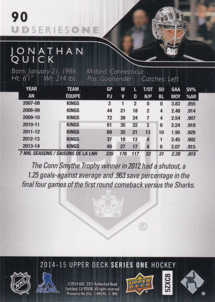 2014-15 UD Series 1 - Jonathan Quick #90