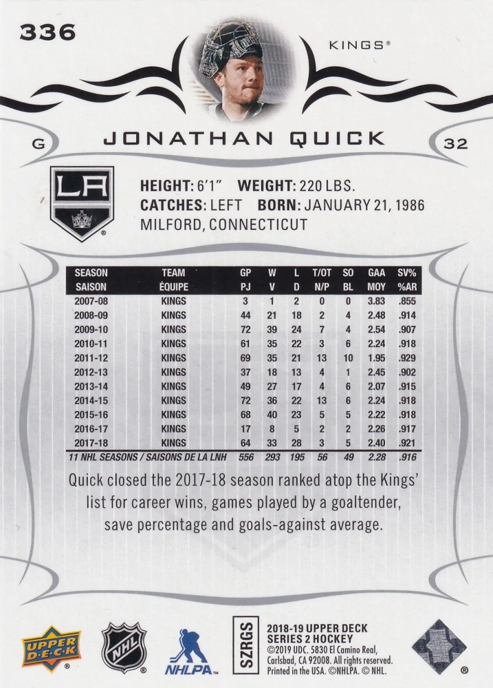 2018-19 UD Series 2 - Jonathan Quick #336