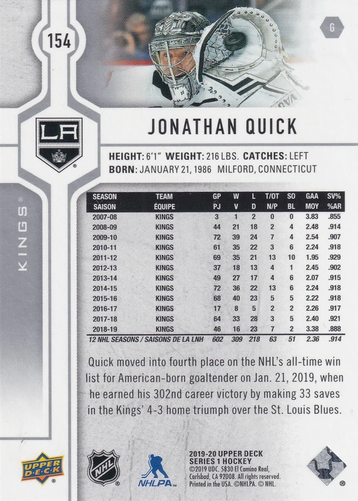 2019-20 UD Series 1 - Jonathan Quick #154