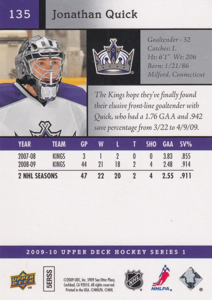 2009-10 UD Series 1 - Jonathan Quick #135