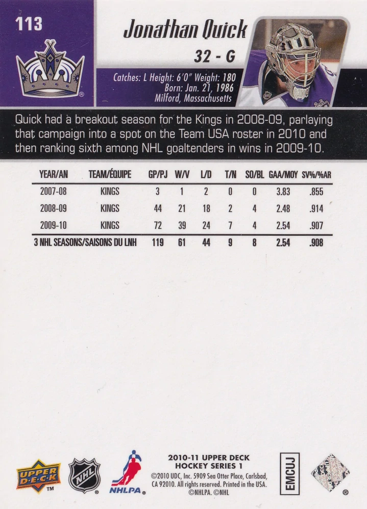 2010-11 UD Series 1 - Jonathan Quick #113