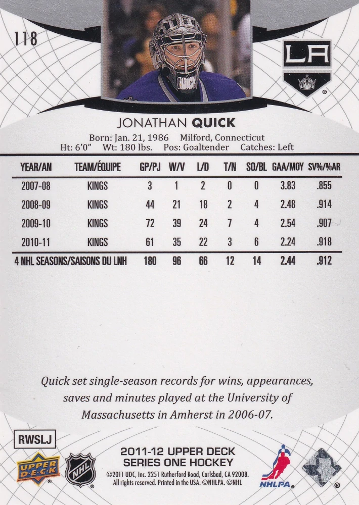 2011-12 UD Series 1 - Jonathan Quick #118