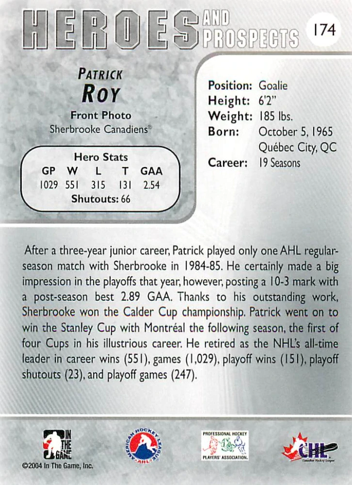 2004-05 ITG Heroes and Prospects - Patrick Roy #174