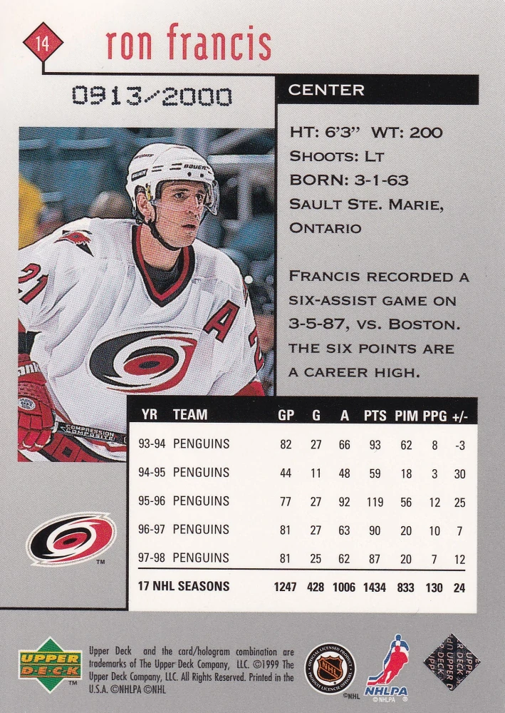 1998-99 UD Black Diamond - Ron Francis - Double Diamond /2000 #14
