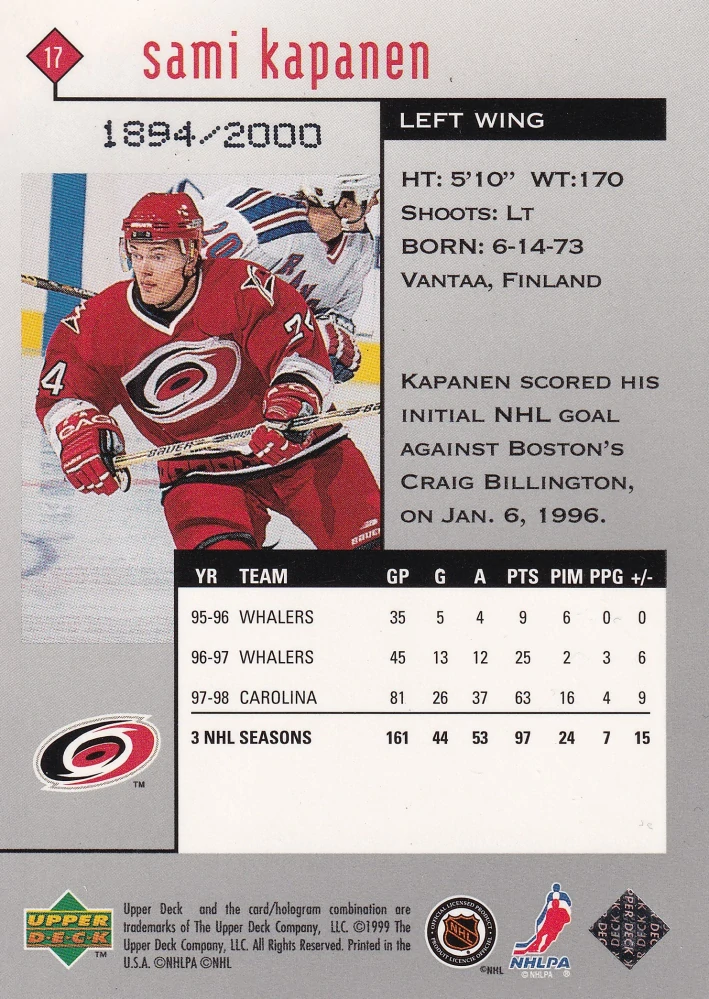 1998-99 UD Black Diamond - Sami Kapanen - Double Diamond /2000 #17