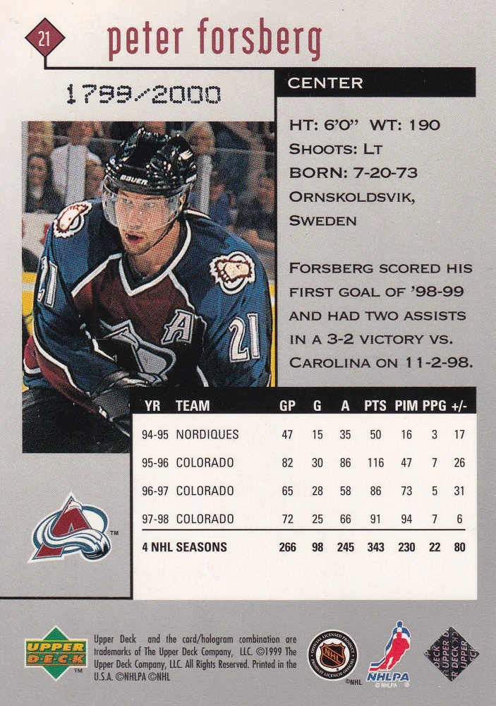 1998-99 UD Black Diamond - Peter Forsberg - Double Diamond /2000 #21