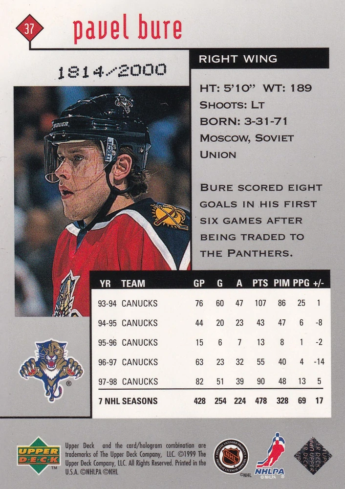1998-99 UD Black Diamond - Pavel Bure - Double Diamond /2000 #37