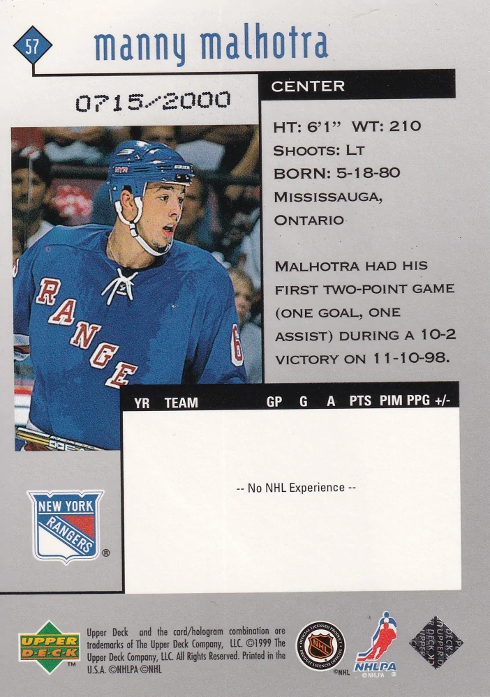 1998-99 UD Black Diamond - Manny Malhotra - Double Diamond /2000 #57