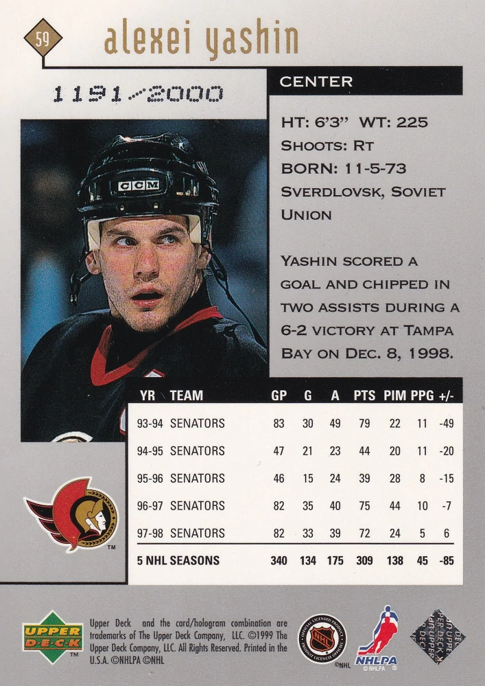 1998-99 UD Black Diamond - Alexei Yashin - Double Diamond /2000 #59