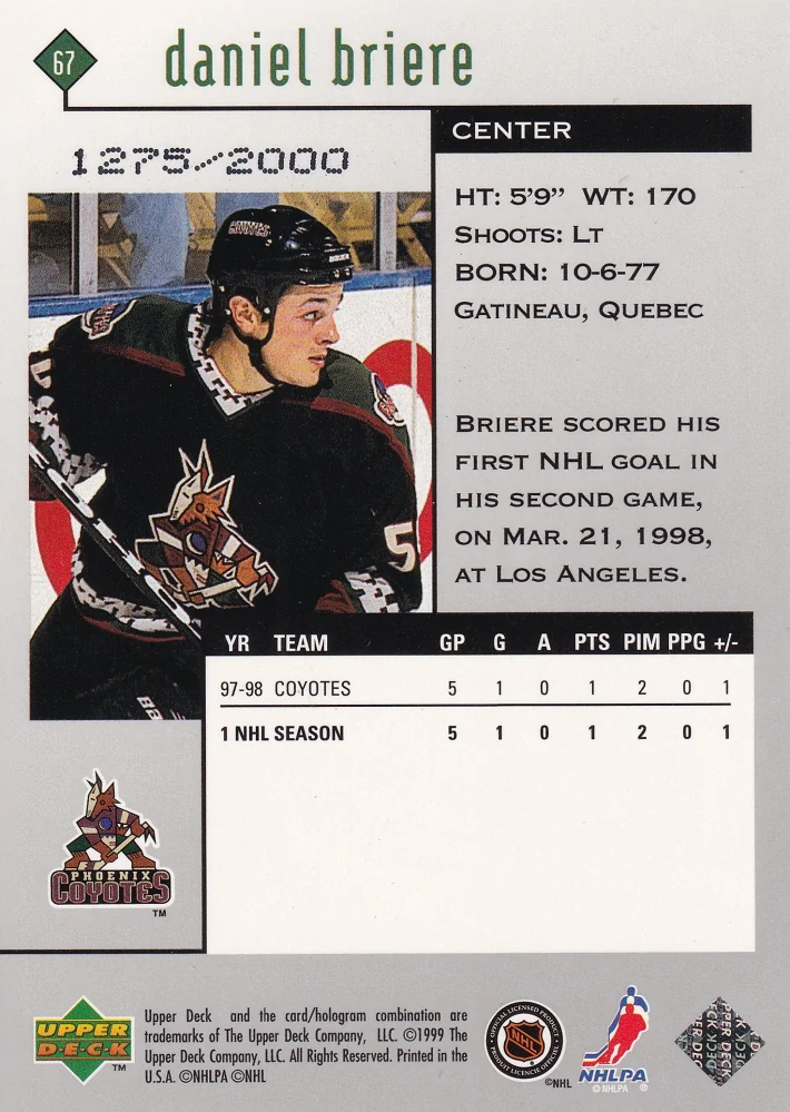 1998-99 UD Black Diamond - Daniel Briere - Double Diamond /2000 #67