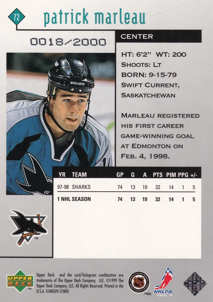 1998-99 UD Black Diamond - Patrick Marleau - Double Diamond /2000 #72