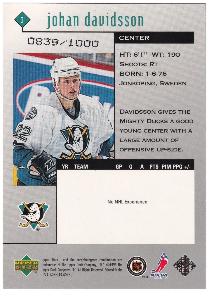 1998-99 UD Black Diamond - Johan Davidsson - Triple Diamond /1000 #3