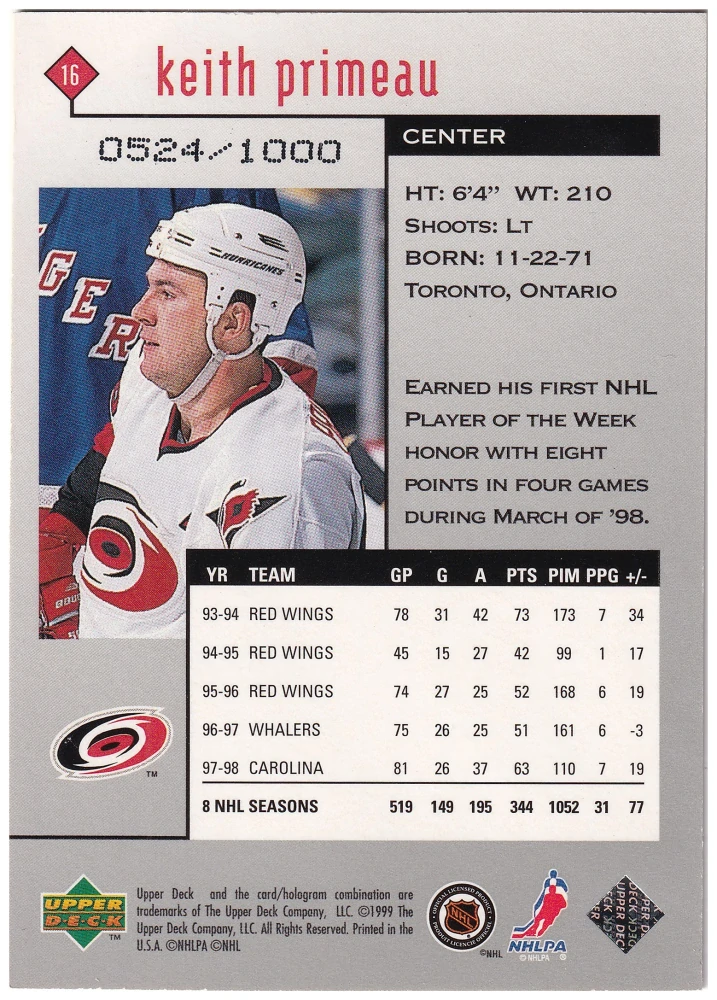 1998-99 UD Black Diamond - Keith Primeau - Triple Diamond /1000 #16