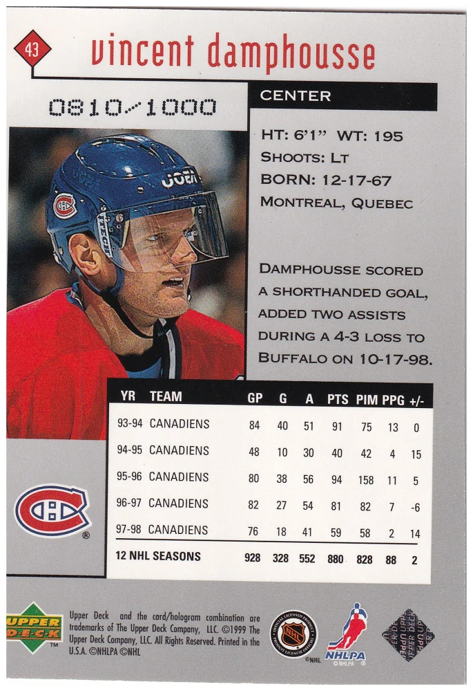 1998-99 UD Black Diamond - Vincent Damphousse - Triple Diamond /1000 #43