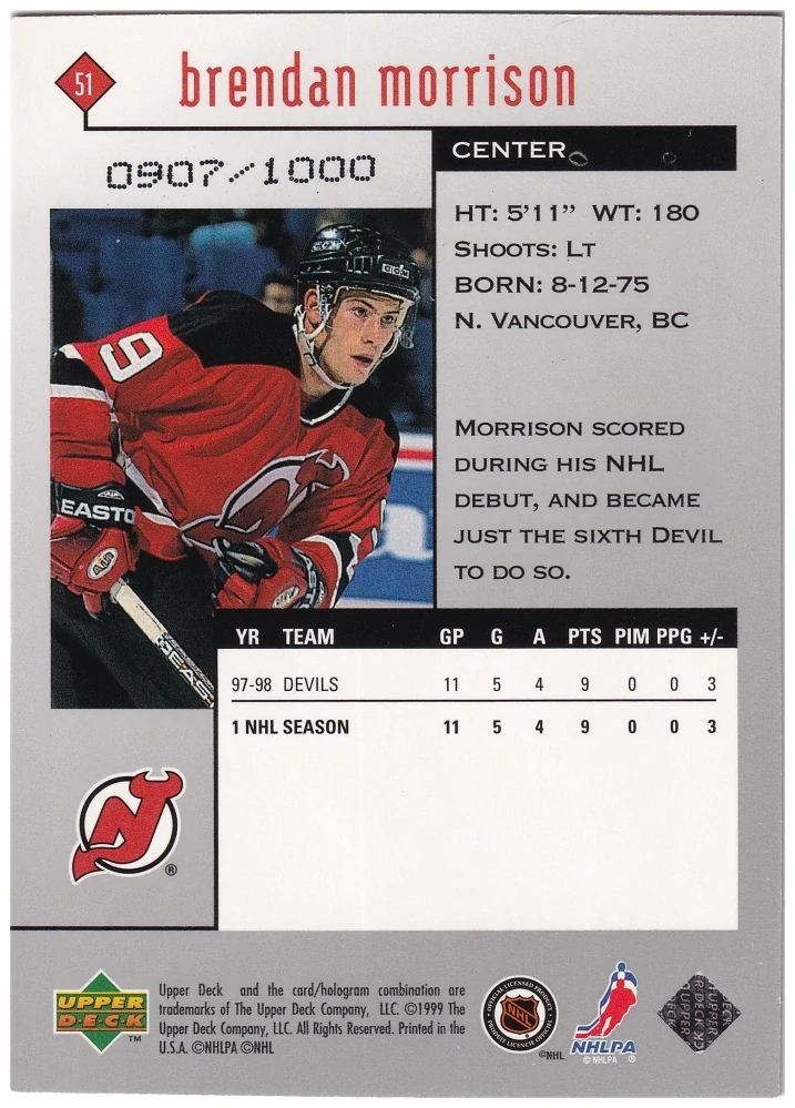 1998-99 UD Black Diamond - Brendan Morrison - Triple Diamond /1000 #51