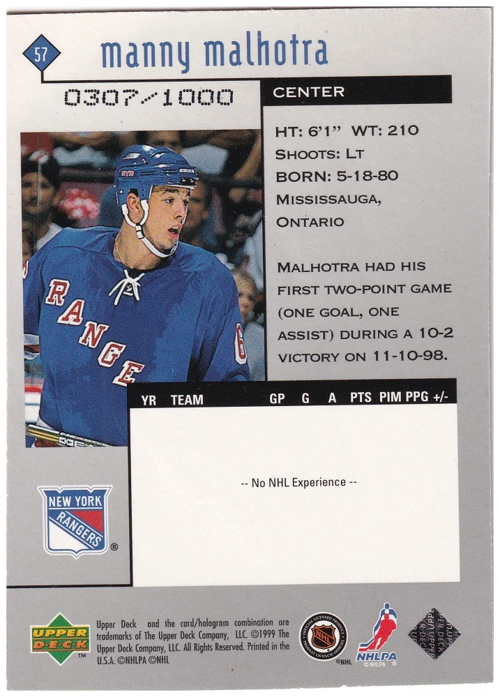 1998-99 UD Black Diamond - Manny Malhotra - Triple Diamond /1000 #57