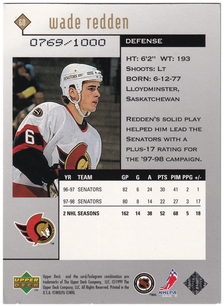 1998-99 UD Black Diamond - Wade Redden - Triple Diamond /1000 #60