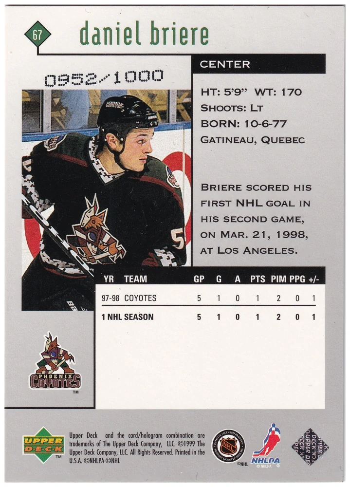1998-99 UD Black Diamond - Daniel Briere - Triple Diamond /1000 #67