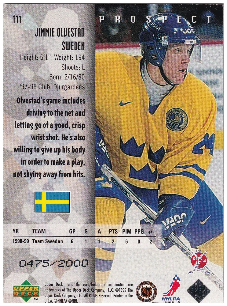 1998-99 UD Black Diamond - Jimmie Olvestad - Prospect Double Diamond /2000 #111